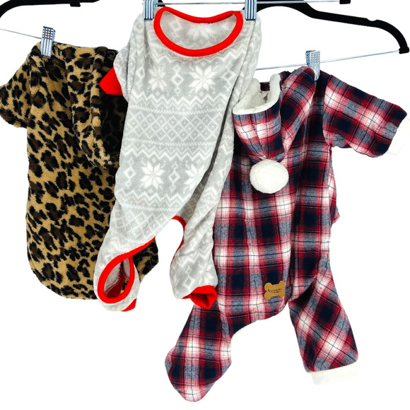 Lot of 3 Holiday Dog Outfit Size S/M Plaid Koolaburra Ugg Outerwear Fair Isle PJ